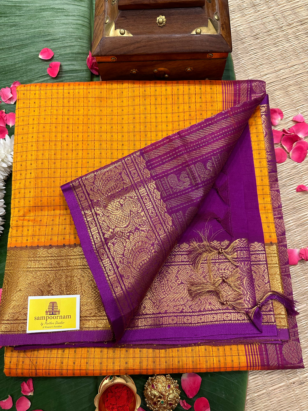 Orange with Purple Lakshadeepam Silk Cotton Saree