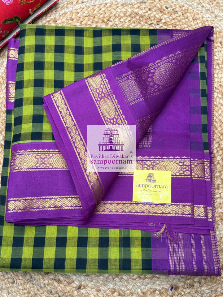Green & Black with Purple Paalum Pazham Kattam , rettapet border and grand Pallu Korvai Silk Cotton Saree