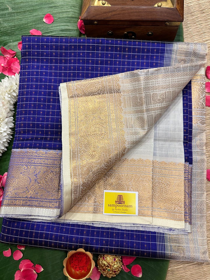 Blue with Offwhite Lakshadeepam Silk Cotton Saree