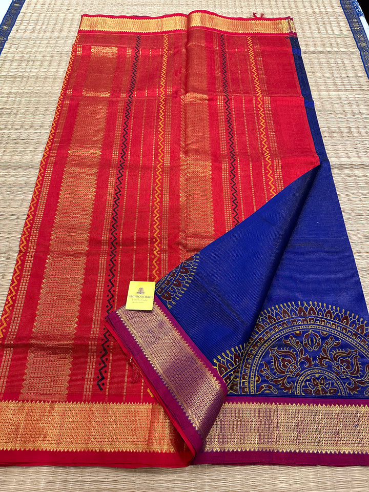 Blue with Red Vaira Oosi Kolam Handblock Printed Silk Cotton Saree