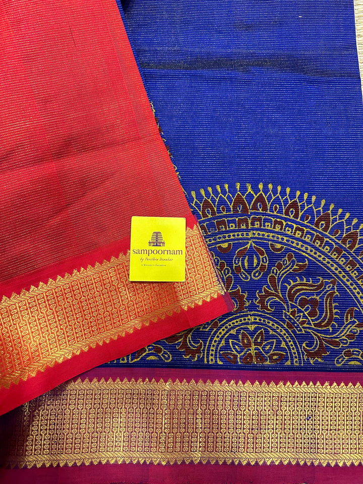 Blue with Red Vaira Oosi Kolam Handblock Printed Silk Cotton Saree