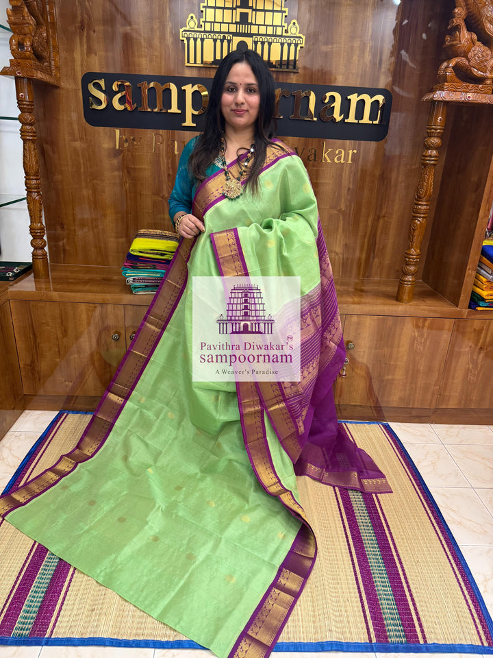 Pastel Green with Purple , Zari butta in the body , traditional border and rich Pallu Korvai Silk Cotton Saree