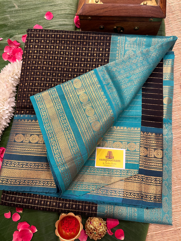 Black with Turquoise Blue Body Zari Lakshadeepam Silk Cotton Saree