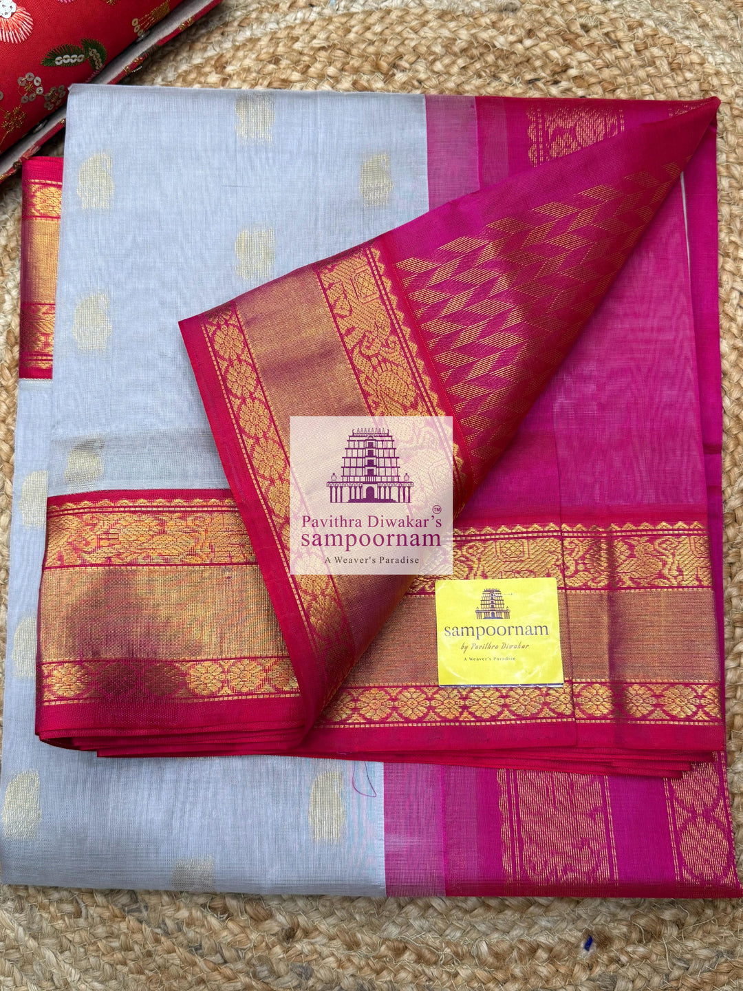 Grey with Pink , Zari Annam butta in the body , rettapet silk borders and rich Pallu Korvai Silk Cotton Saree