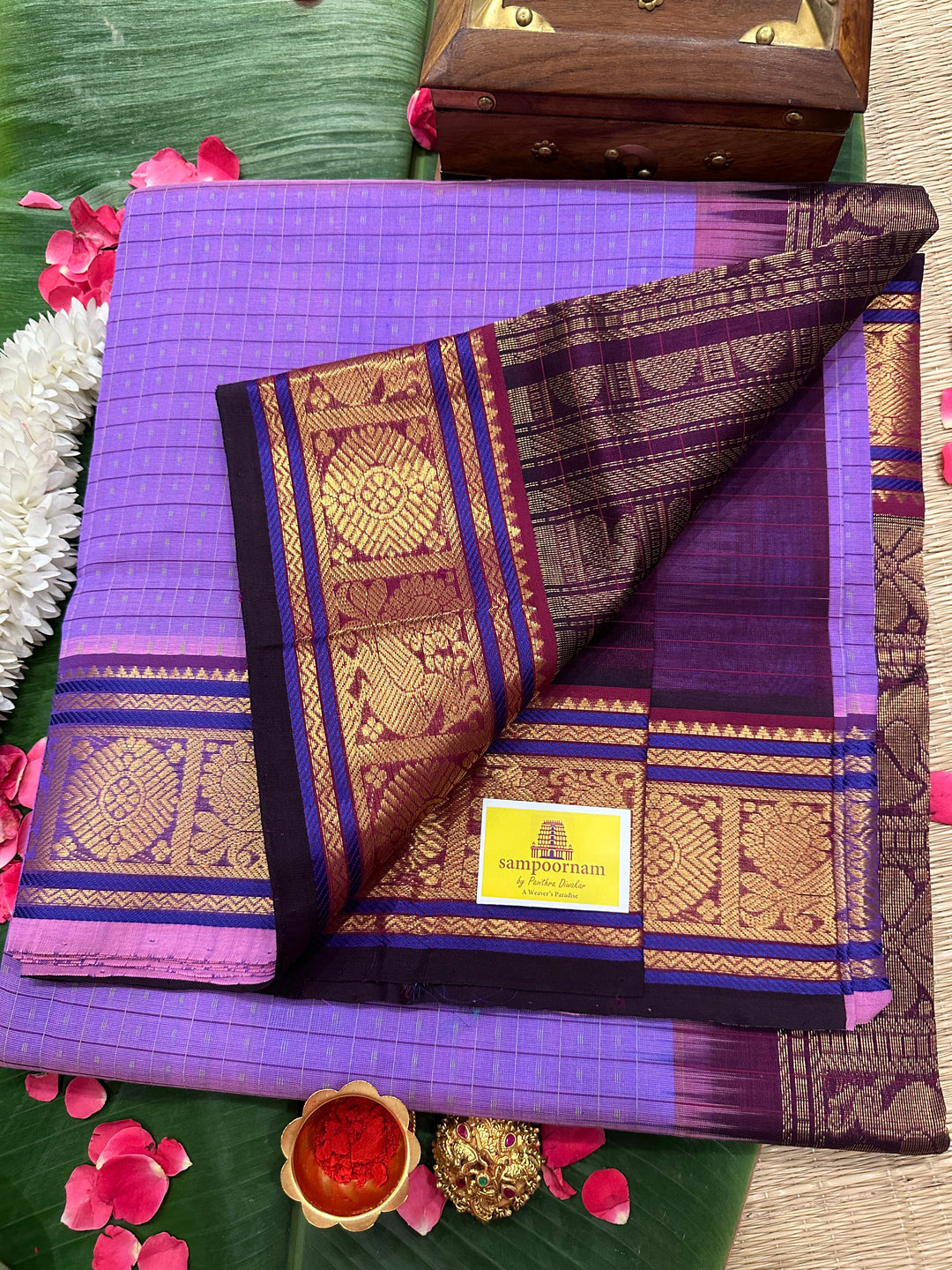 Lavender with Dark Maroon Lakshadeepam Silk Cotton Saree