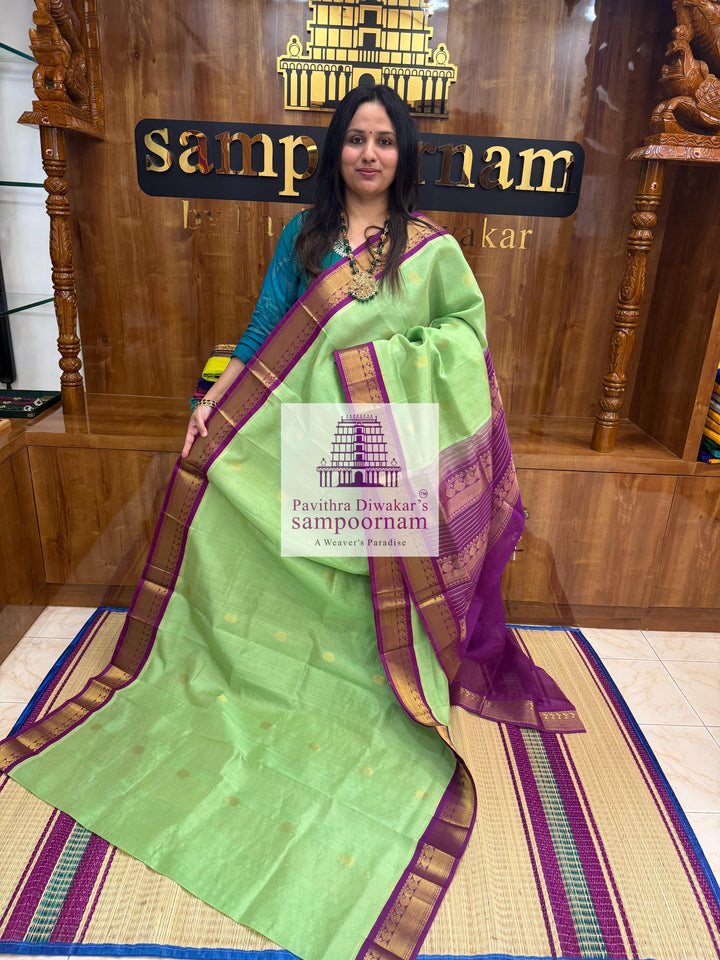 Pastel Green with Purple , Zari butta in the body , traditional border and rich Pallu Korvai Silk Cotton Saree
