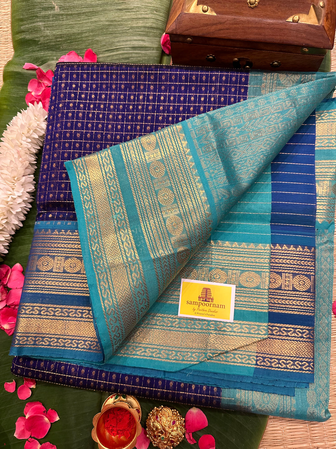 Blue with Turquoise Blue Body Zari Lakshadeepam Silk Cotton Saree