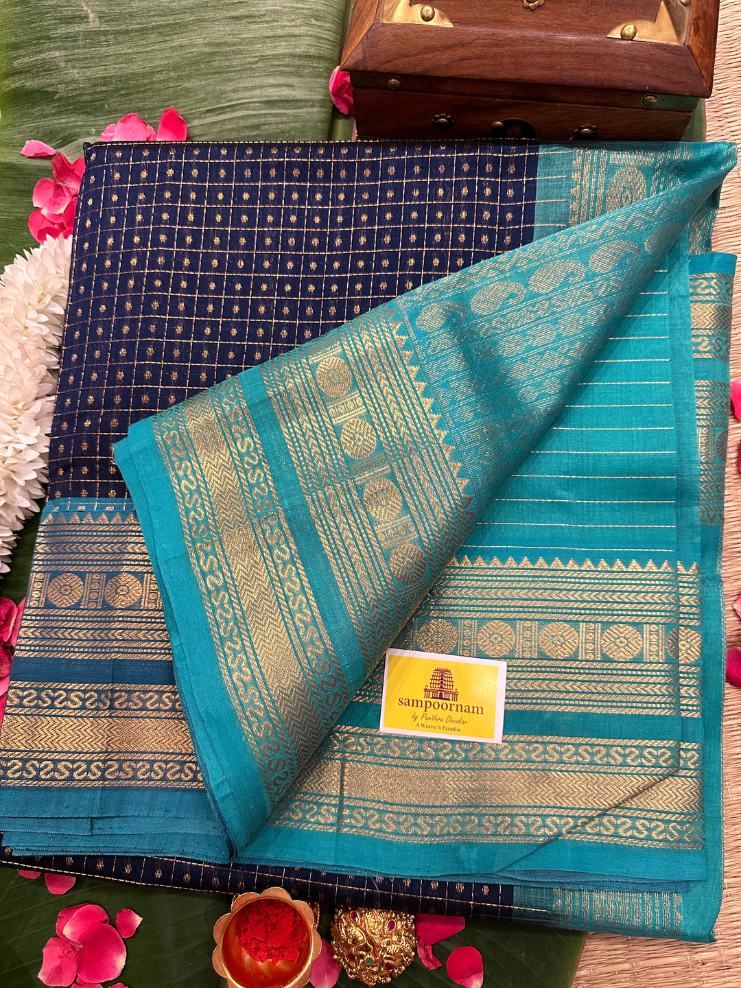 Dark Blue with Turquoise Blue Body Zari Lakshadeepam Silk Cotton Saree