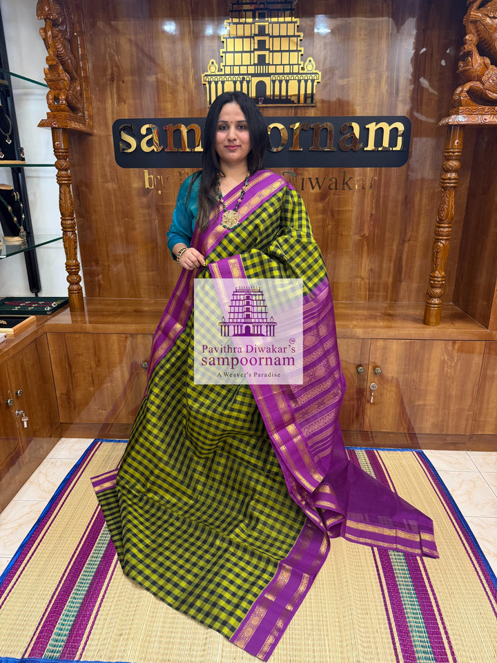 Green & Black with Purple Paalum Pazham Kattam , rettapet border and grand Pallu Korvai Silk Cotton Saree