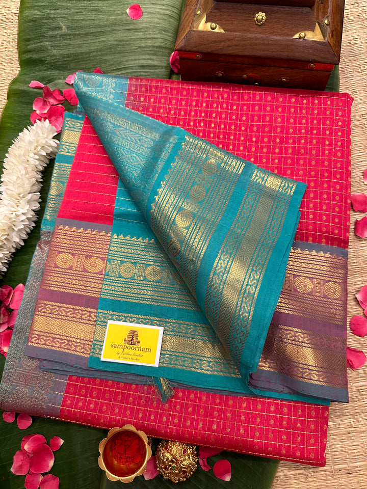 Tomato Red with Turquoise Blue Zari Body Lakshadeepam Silk Cotton Saree