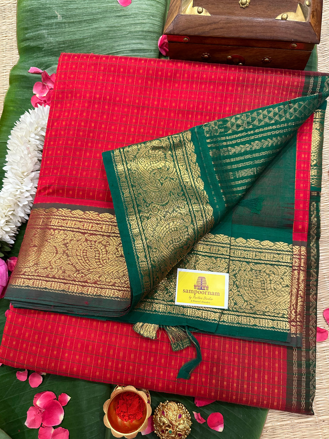 Red with Green Lakshadeepam Silk Cotton Saree