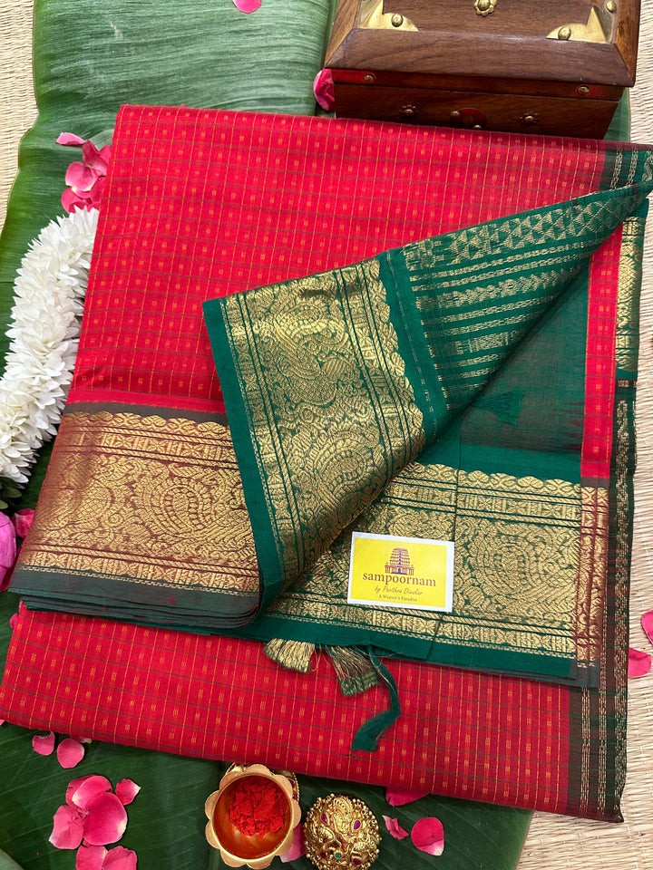 Red with Green Lakshadeepam Silk Cotton Saree