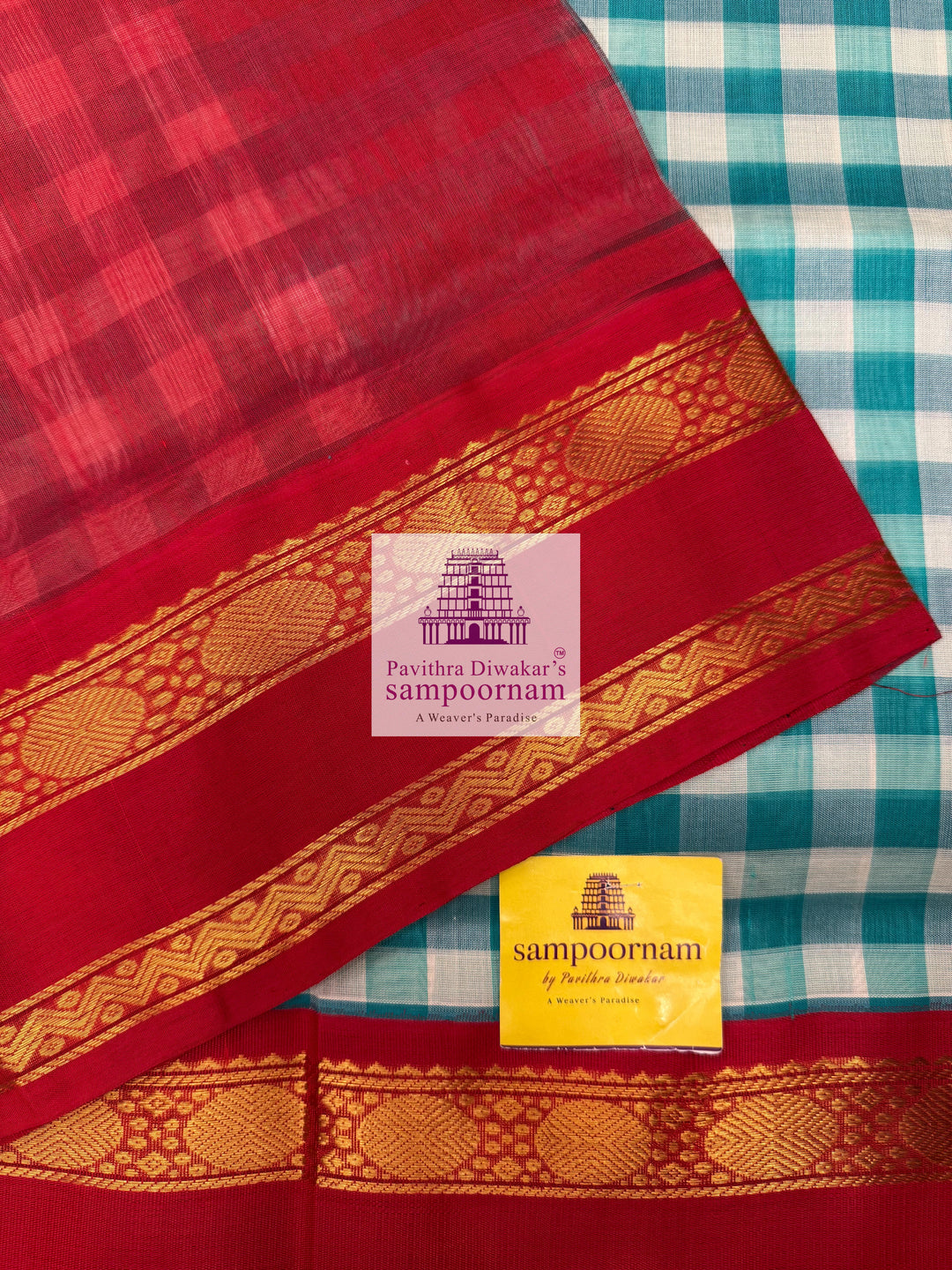 Blue & White with Red Pallum Pazham Kattam , rettapet border and grand Pallu Korvai Silk Cotton Saree