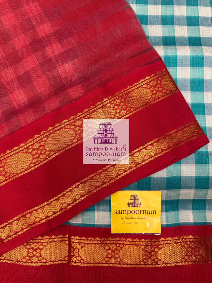 Blue & White with Red Pallum Pazham Kattam , rettapet border and grand Pallu Korvai Silk Cotton Saree