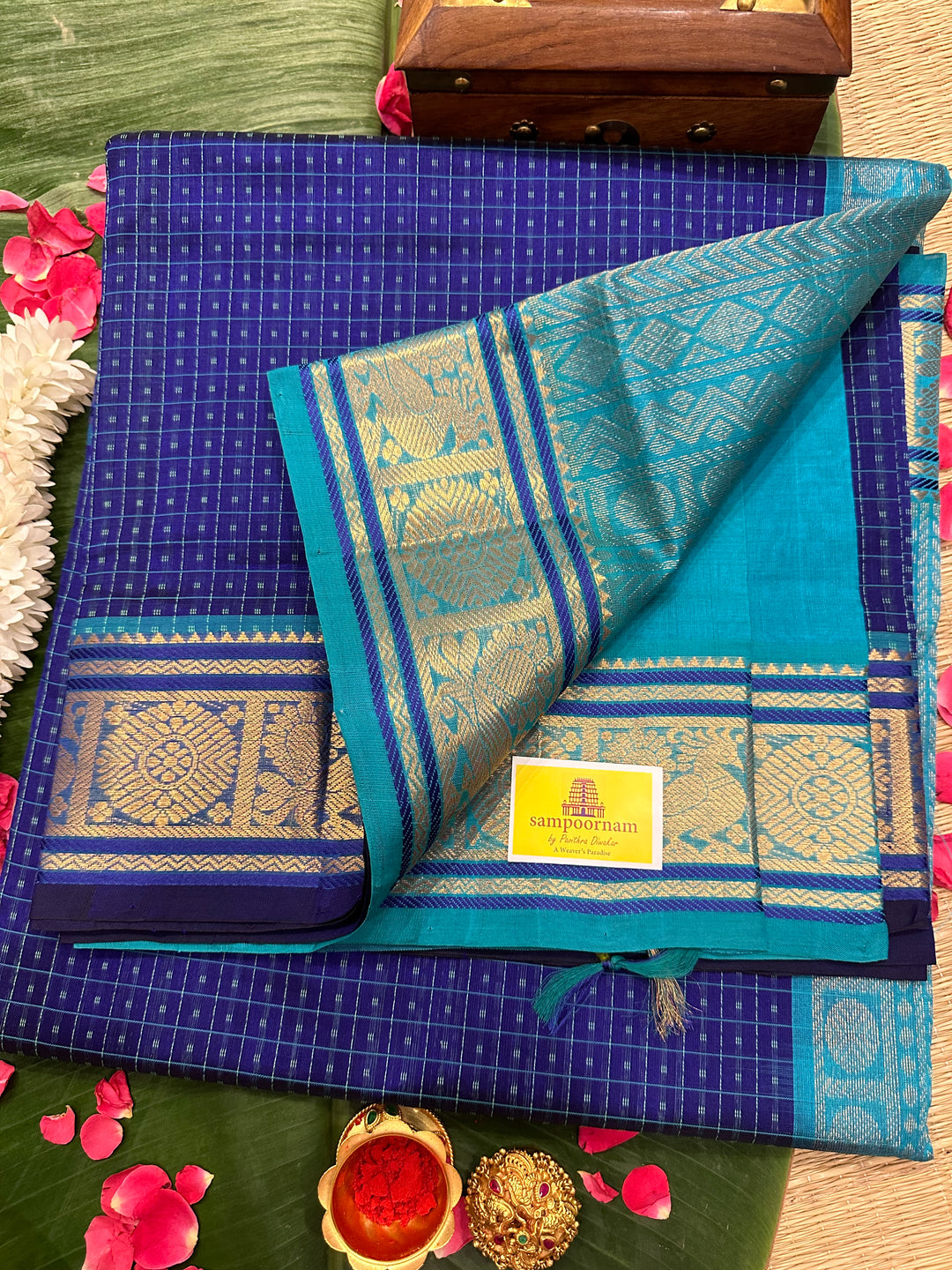 Blue with Light Blue Lakshadeepam Silk Cotton Saree