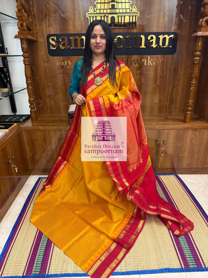 Mambazha Manjal with Red Zari checks in the body , temple rettapet border and grand Pallu Korvai Silk Cotton Saree