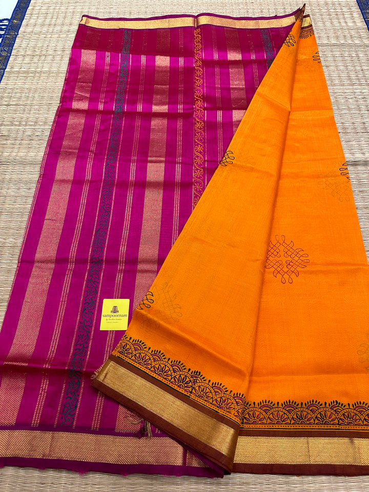 Orange and Pink Kolam Handblock Printed Silk Cotton Saree