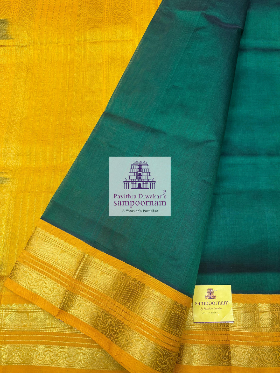 Dark Green with Mustard , rettapet border and grand Pallu Silk Cotton Saree