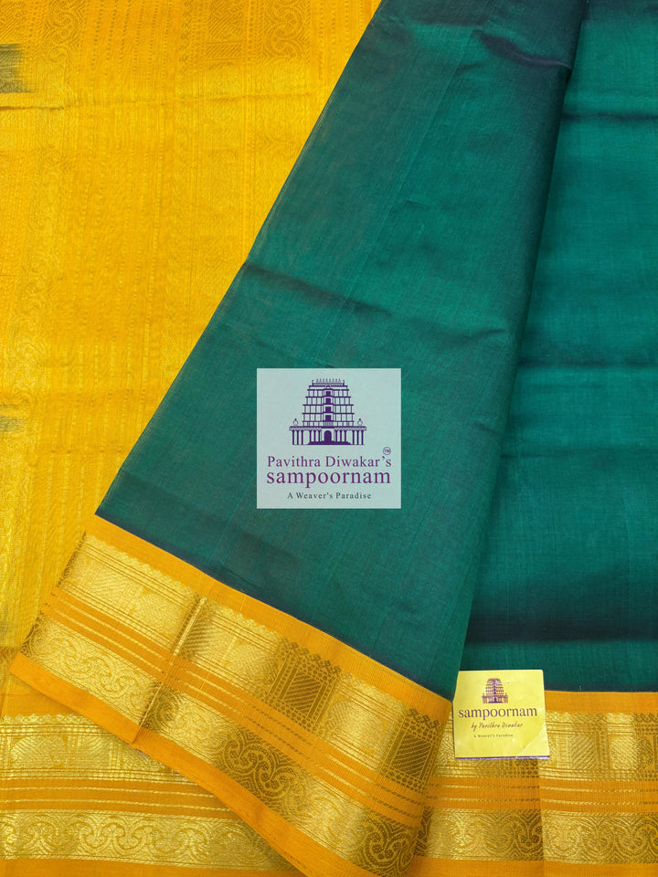 Dark Green with Mustard , rettapet border and grand Pallu Silk Cotton Saree