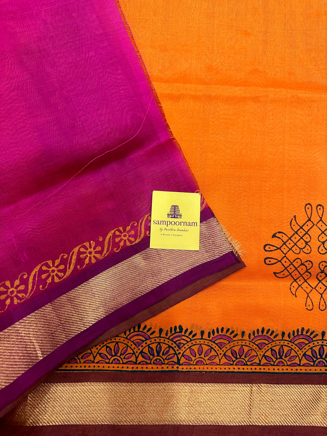 Orange and Pink Kolam Handblock Printed Silk Cotton Saree