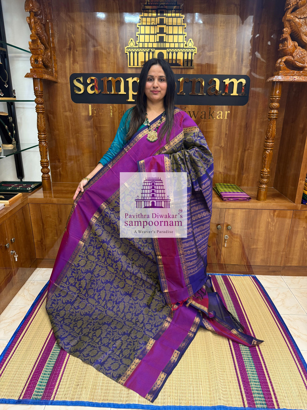 Dark Blue with Purple,Rettapet Rudraksh Border , Vanasingaaram Thread Butta all over and rich Pallu Silk Cotton Saree