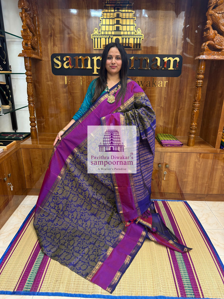 Dark Blue with Purple,Rettapet Rudraksh Border , Vanasingaaram Thread Butta all over and rich Pallu Silk Cotton Saree