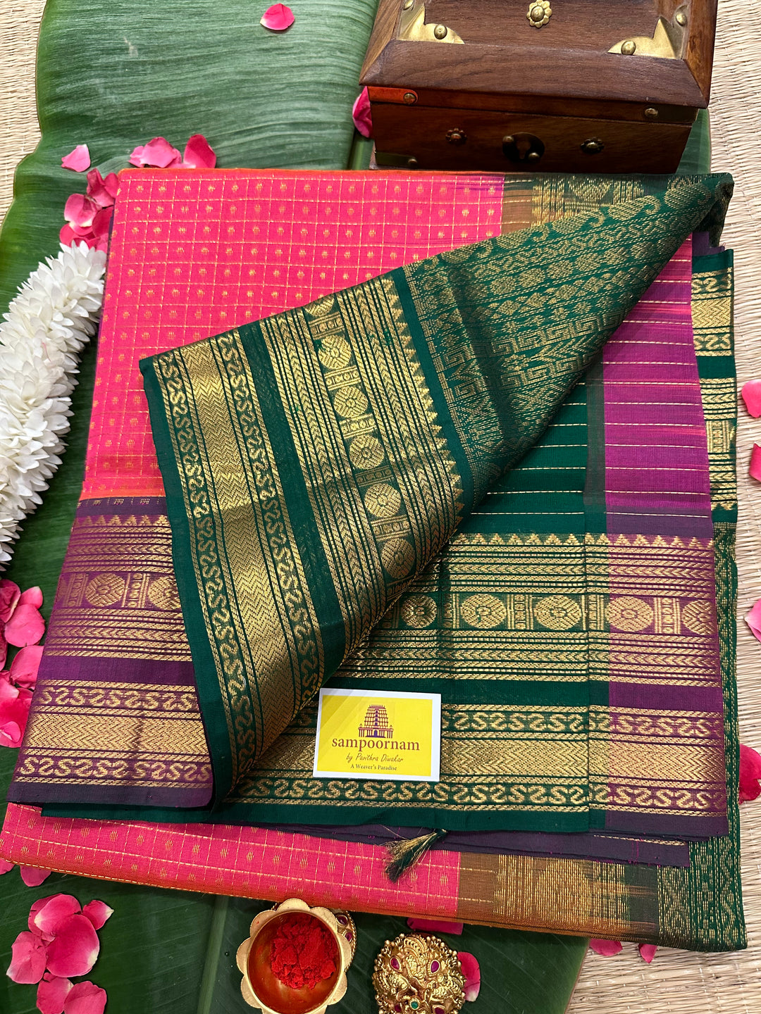 Pink with Green Body Zari Lakshadeepam Silk Cotton Saree