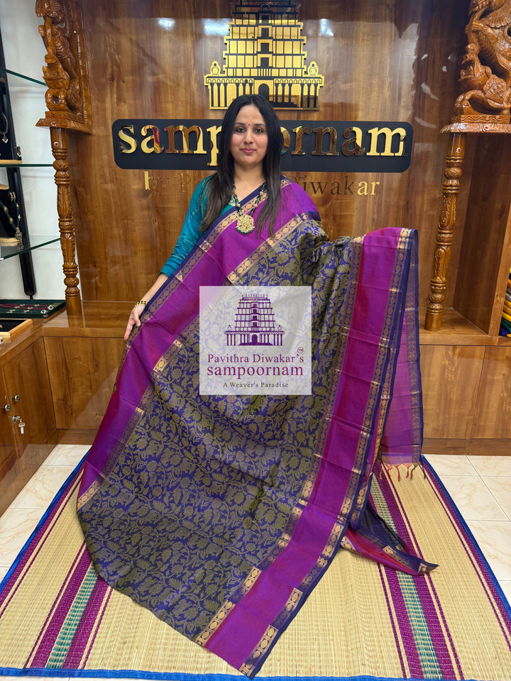 Dark Blue with Purple,Rettapet Rudraksh Border , Vanasingaaram Thread Butta all over and rich Pallu Silk Cotton Saree