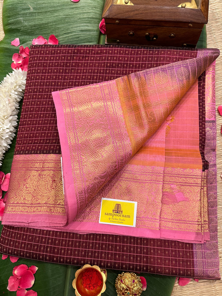 Maroon with Baby Pink Lakshadeepam Silk Cotton Saree