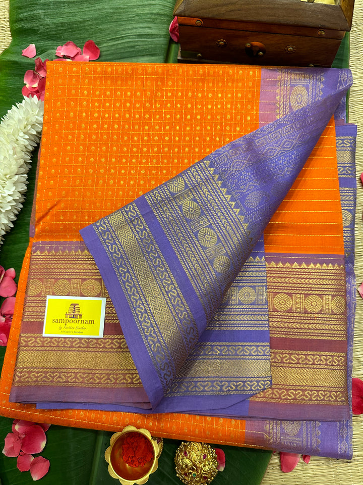 Orange with Lavender Body Zari Lakshadeepam Silk Cotton Saree