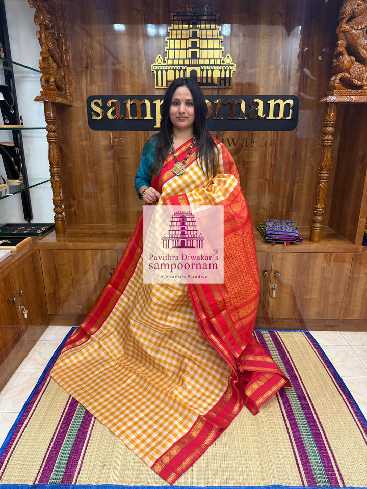 Manjal & White with Red Pallum Pazham Kattam , rettapet border and grand Pallu Korvai Silk Cotton Saree