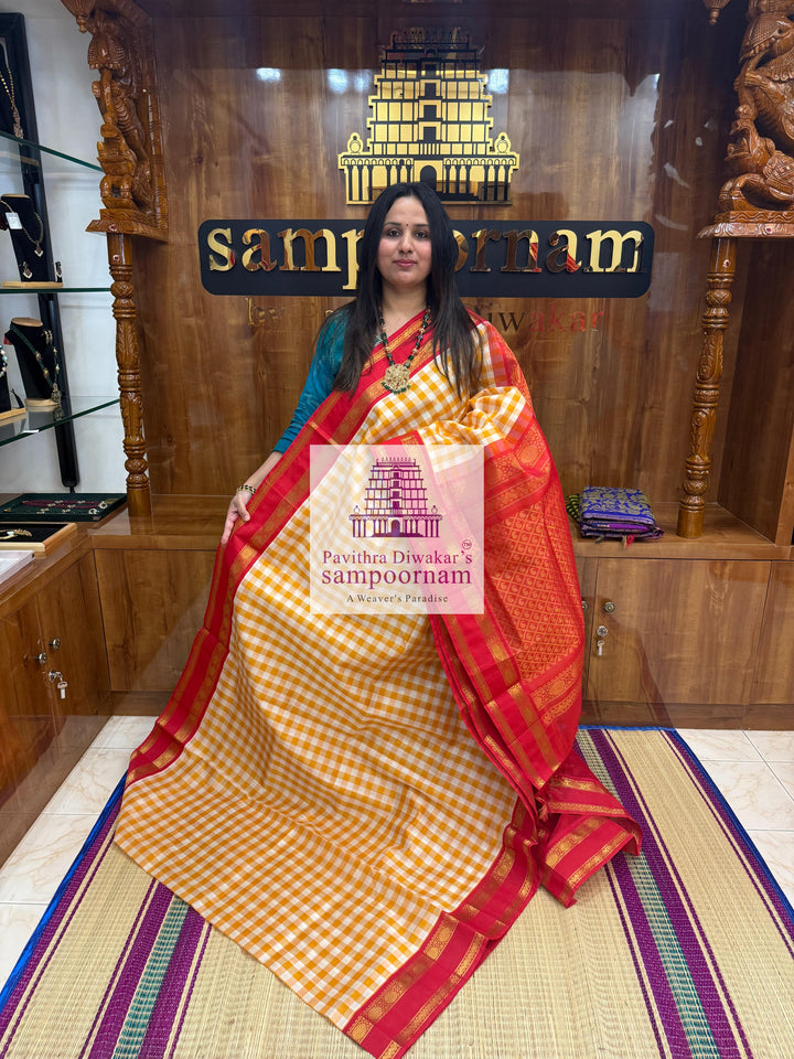 Manjal & White with Red Pallum Pazham Kattam , rettapet border and grand Pallu Korvai Silk Cotton Saree