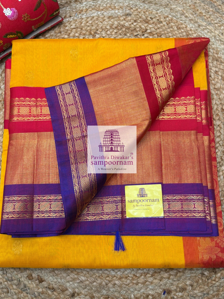 Mambazha Manjal with Red , one side Triple long Tissue border and rich Pallu Korvai Silk Cotton Saree