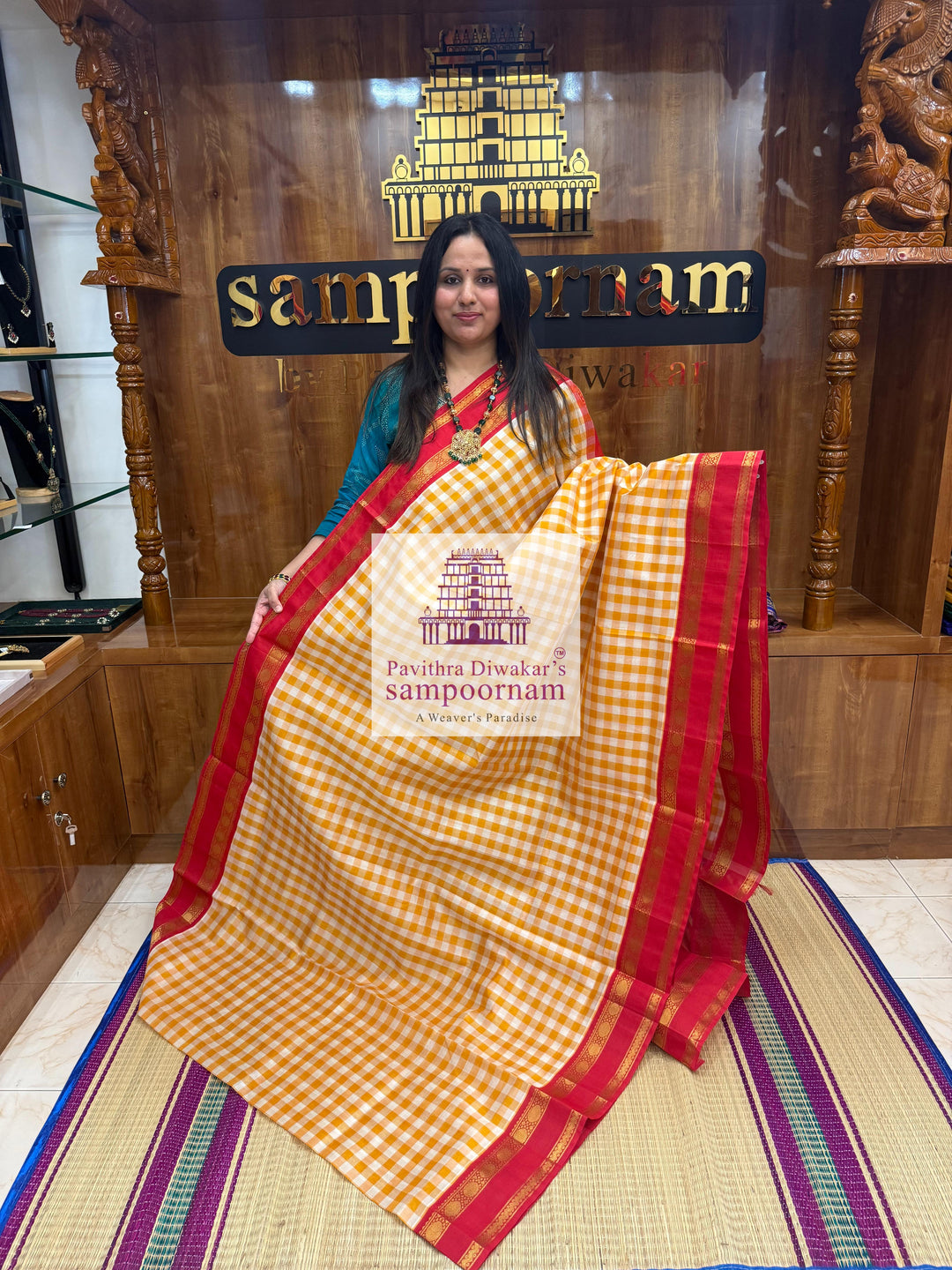 Manjal & White with Red Pallum Pazham Kattam , rettapet border and grand Pallu Korvai Silk Cotton Saree