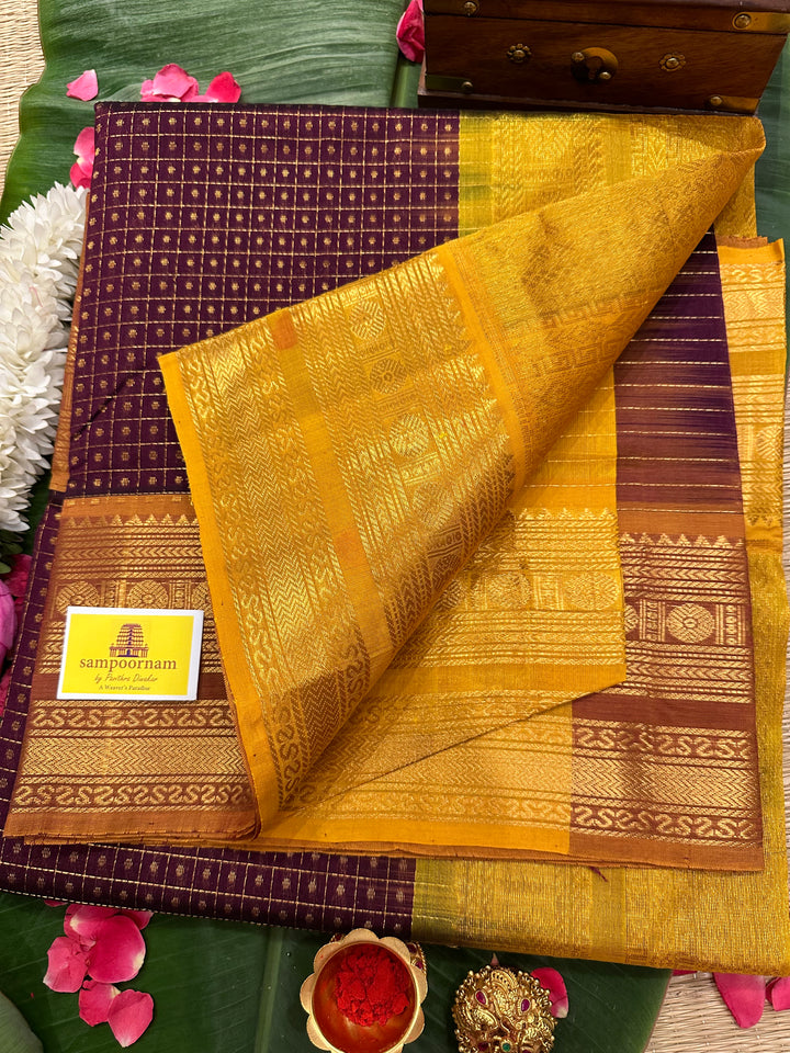 Dark Maroon with Mustard Body Zari Lakshadeepam Silk Cotton Saree