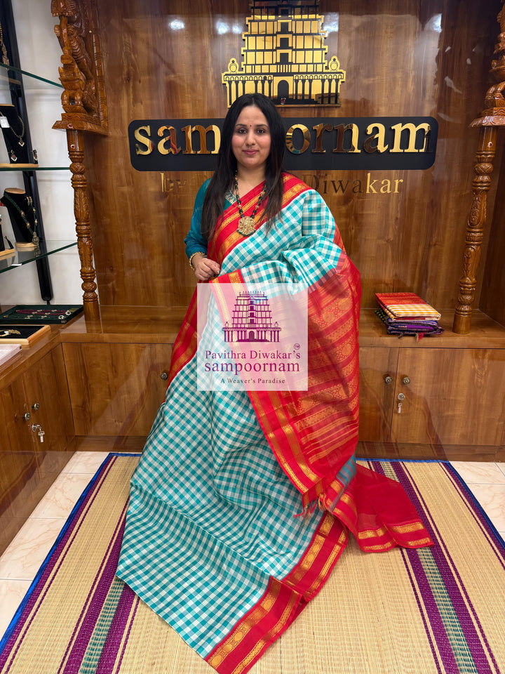 Blue & White with Red Pallum Pazham Kattam , rettapet border and grand Pallu Korvai Silk Cotton Saree