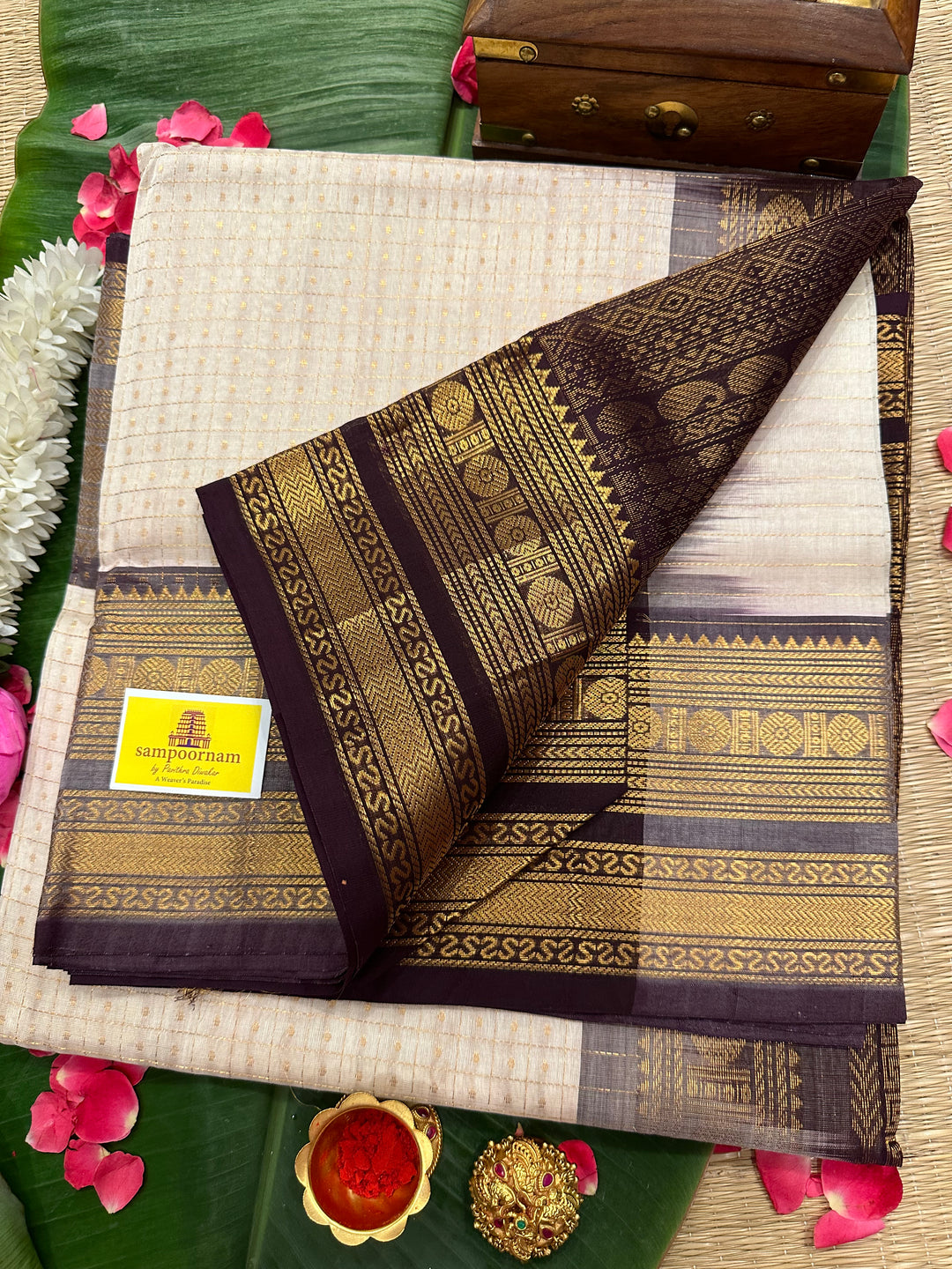 White with Coffee Brown Body Zari Lakshadeepam Silk Cotton Saree