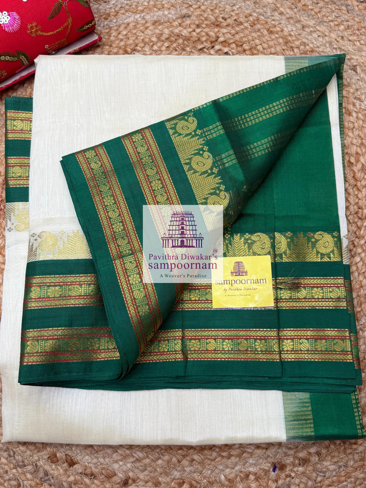 Offwhite with Green , Temple design with rettapet borders and rich Pallu Korvai Silk Cotton Saree