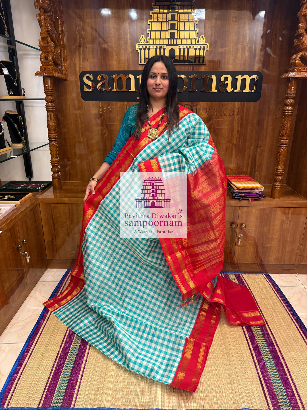 Blue & White with Red Pallum Pazham Kattam , rettapet border and grand Pallu Korvai Silk Cotton Saree
