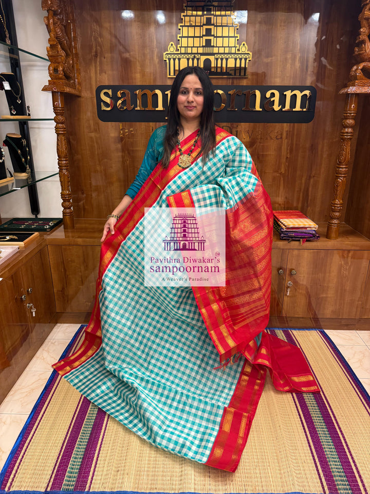 Blue & White with Red Pallum Pazham Kattam , rettapet border and grand Pallu Korvai Silk Cotton Saree