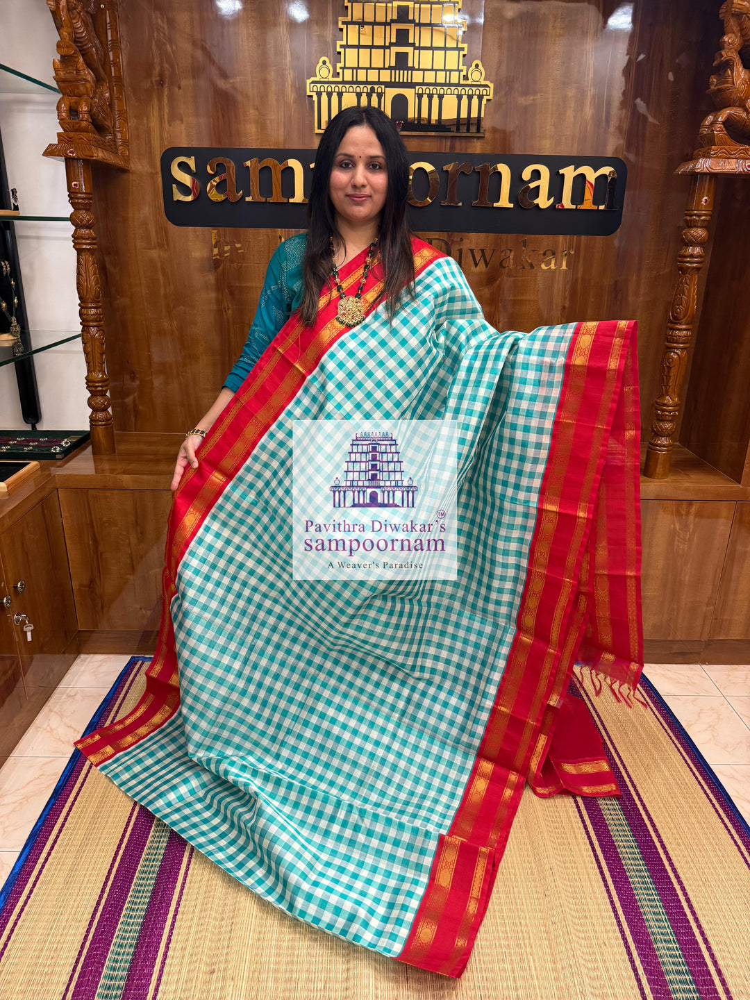 Blue & White with Red Pallum Pazham Kattam , rettapet border and grand Pallu Korvai Silk Cotton Saree