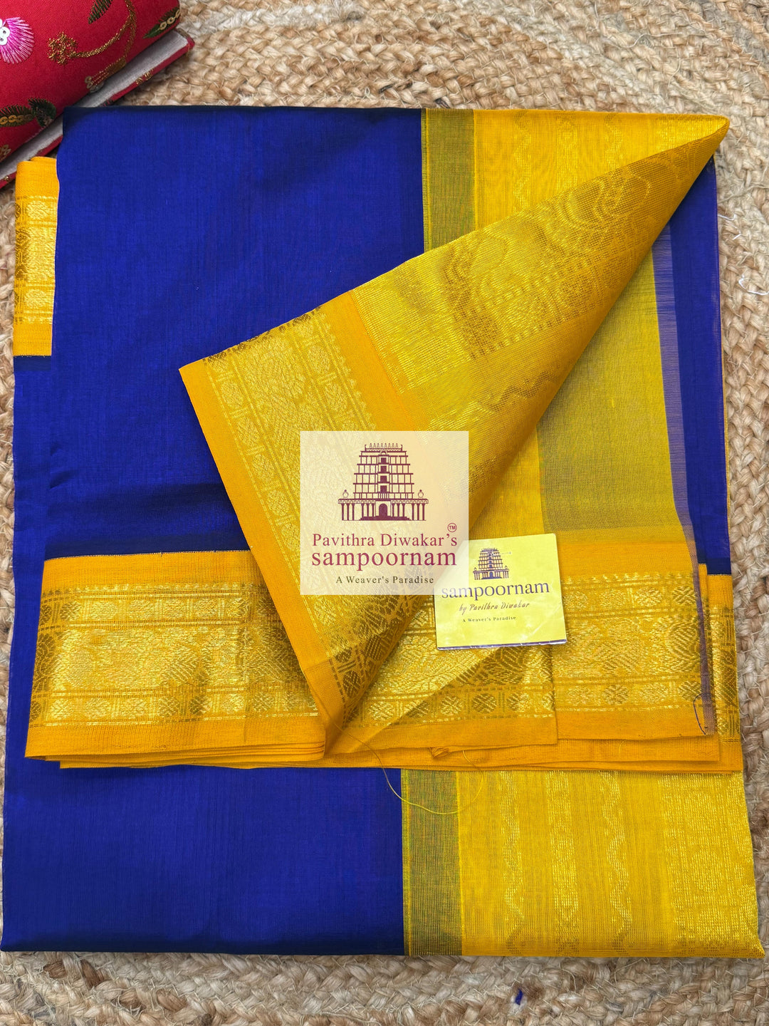 MS Blue with Yellow , traditional borders and rich Pallu Korvai Silk Cotton Saree