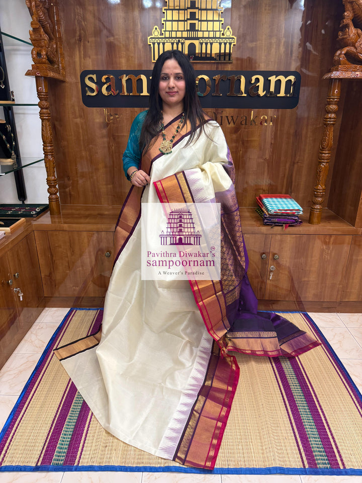 Offwhite with Purple , One side triple coloured rich Temple Tissue border , Grand Pallu Korvai Silk Cotton Saree
