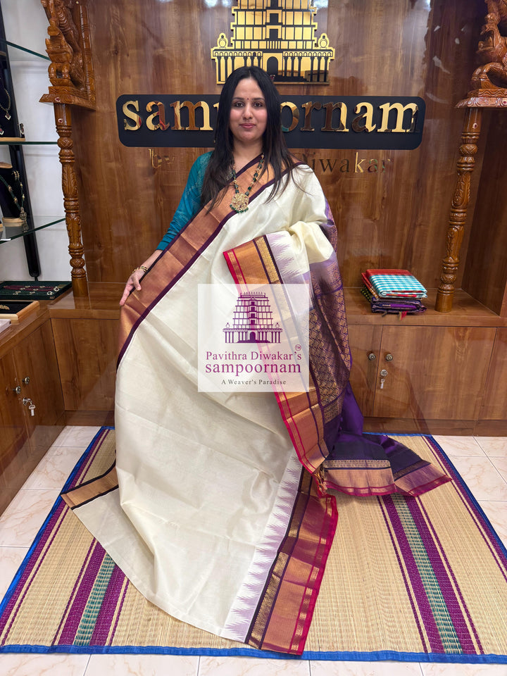 Offwhite with Purple , One side triple coloured rich Temple Tissue border , Grand Pallu Korvai Silk Cotton Saree