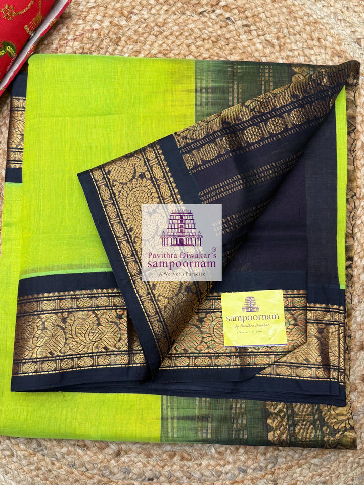 Parrot Green with Dark Brown , traditional borders and rich Pallu Korvai Silk Cotton Saree