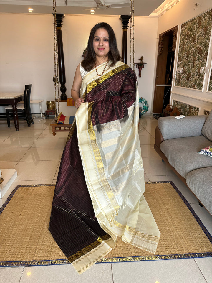 Brown with Offwhite Korvai Zari Body Checks Silk Cotton Saree