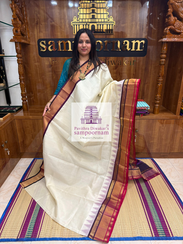 Offwhite with Purple , One side triple coloured rich Temple Tissue border , Grand Pallu Korvai Silk Cotton Saree