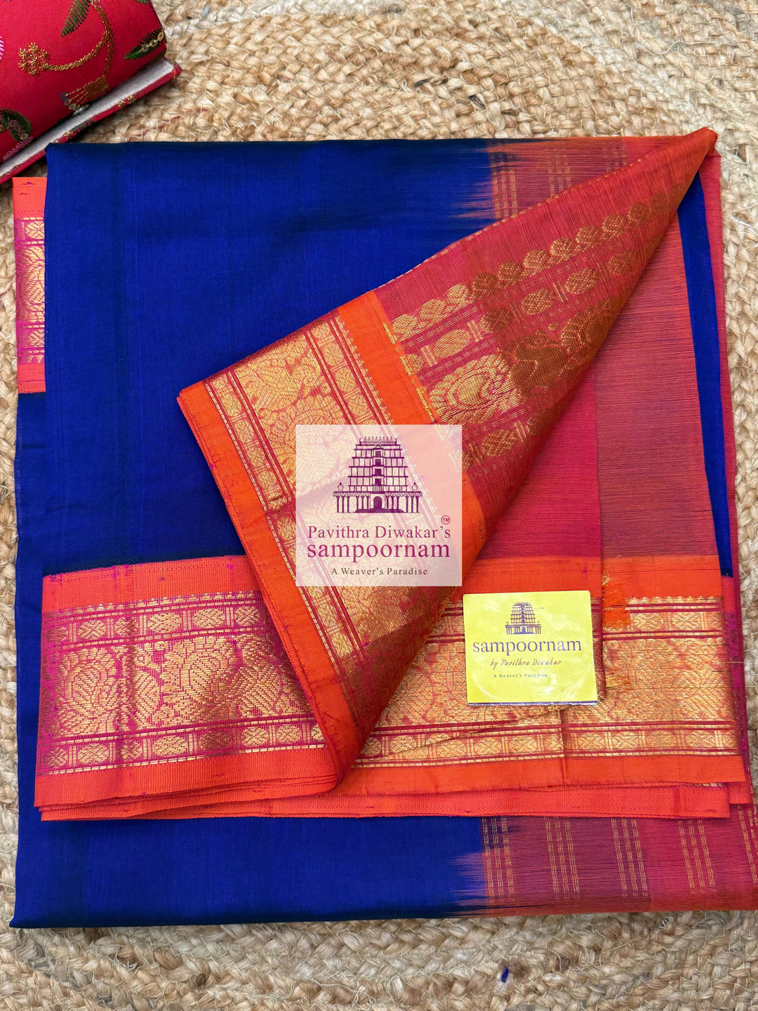 MS Blue with Orangish Pink , traditional borders and rich Pallu Korvai Silk Cotton Saree