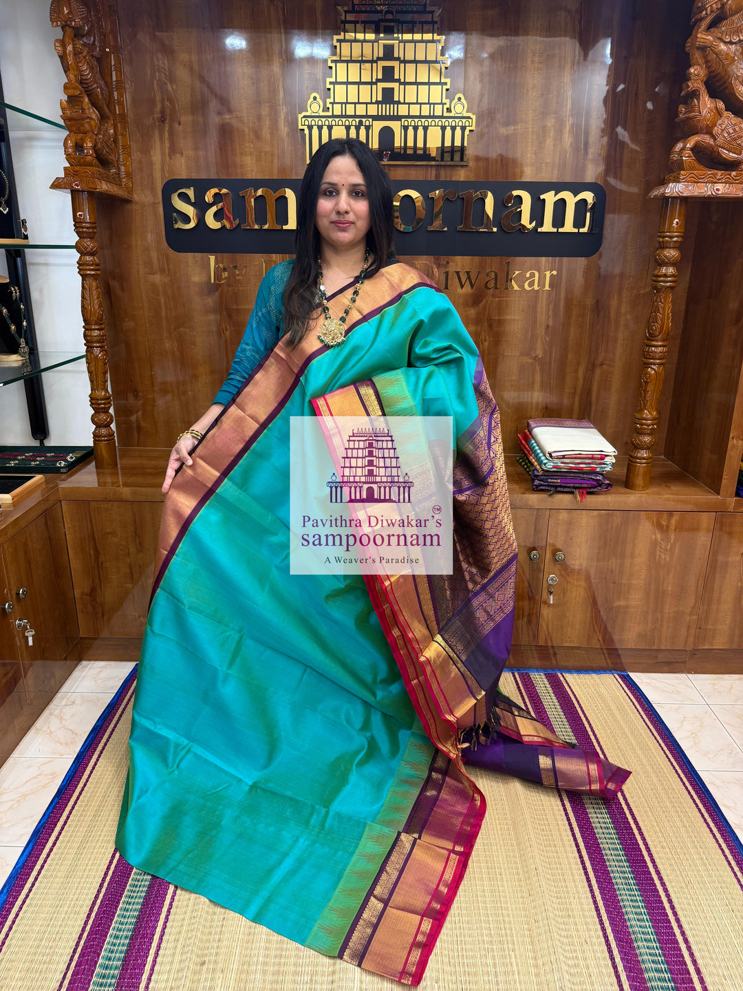 Ramar Blue with Purple , One side triple coloured rich Temple Tissue border ,grand Pallu Korvai Silk Cotton Saree