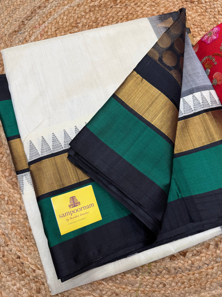 White with Black , Triple Temple Borders and rich Pallu Korvai Silk Cotton Saree
